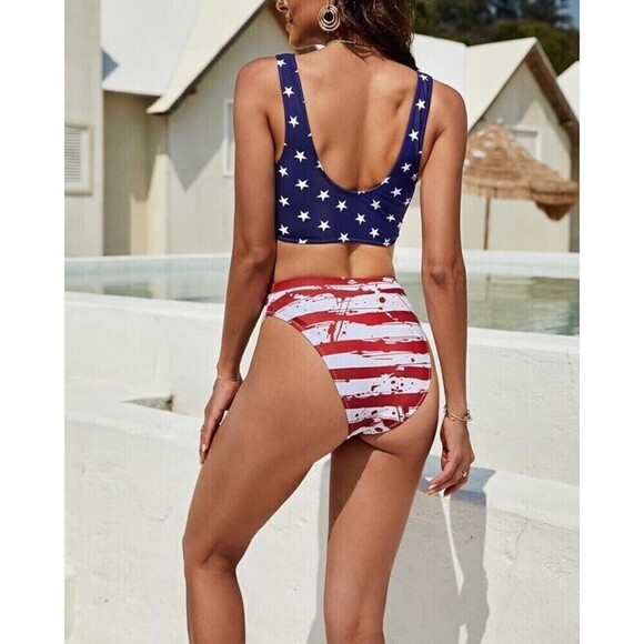 Blooming Jelly S 2pc Bikini Swimsuit Sporty Cut High Waisted American Flag NEW - Picture 4 of 13